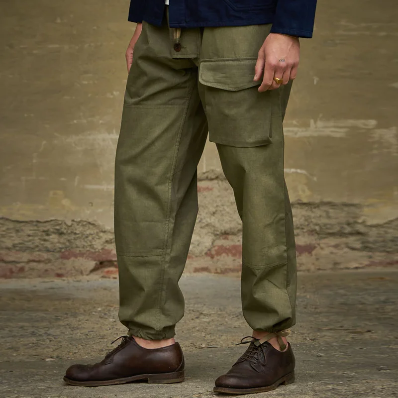 Vintage Rib Panel Drawstring Army Green Pants