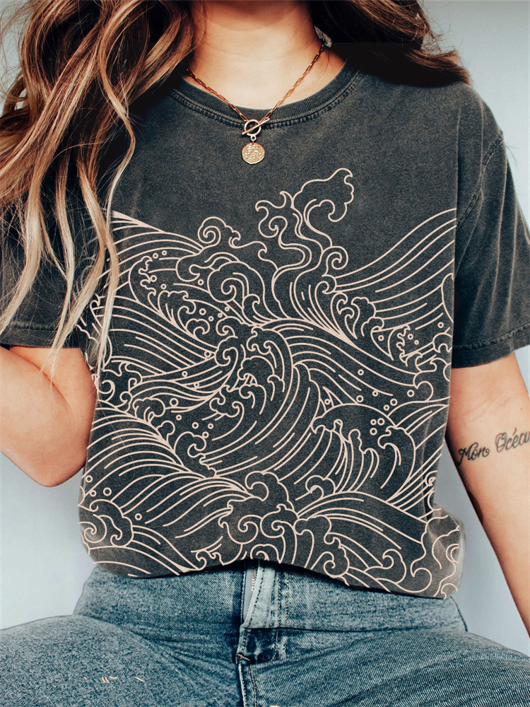 Sea Waves Japanese Art Vintage Washed T Shirt