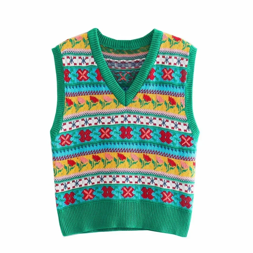 Back to school  2022 New Women Vintage V Neck Green Hook Flower Cute Sweater Vest Girl Sweet Casual Pullover Slim Chic Waistcoat Top