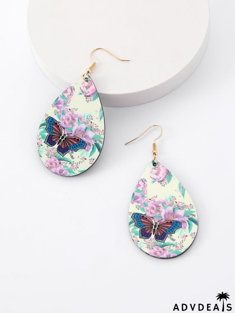 Floral & Butterfly Print Water Drop Earrings