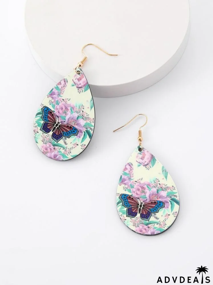 Floral & Butterfly Print Water Drop Earrings