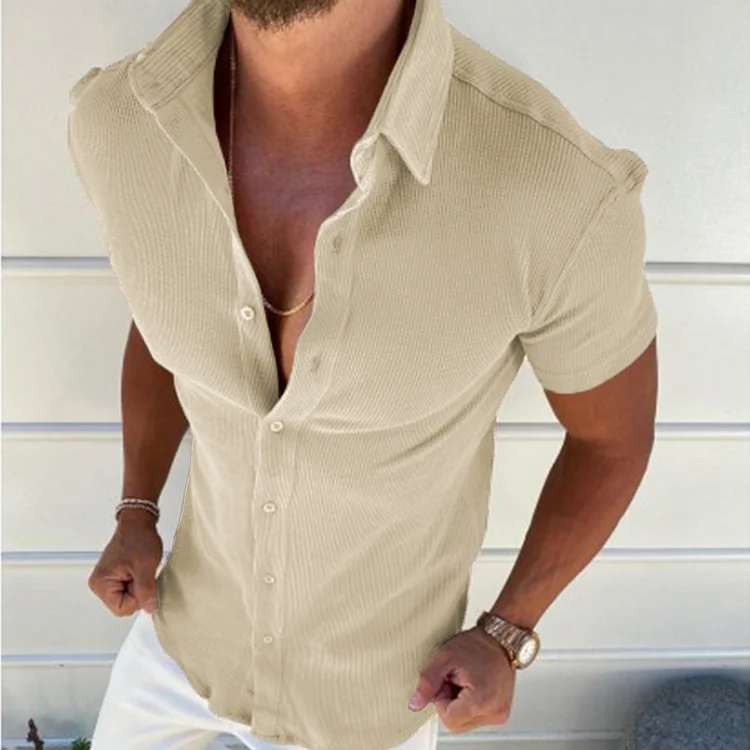 BrosWear Solid Color Slim Fit Lapel Short Sleeve Shirt