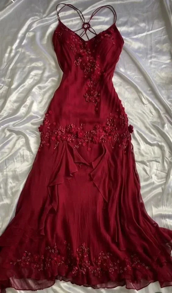 Vintage Spaghetti Straps Burgundy Sequin Mermaid Long Evening Dress Formal Guest Dress With Gloves main image 1