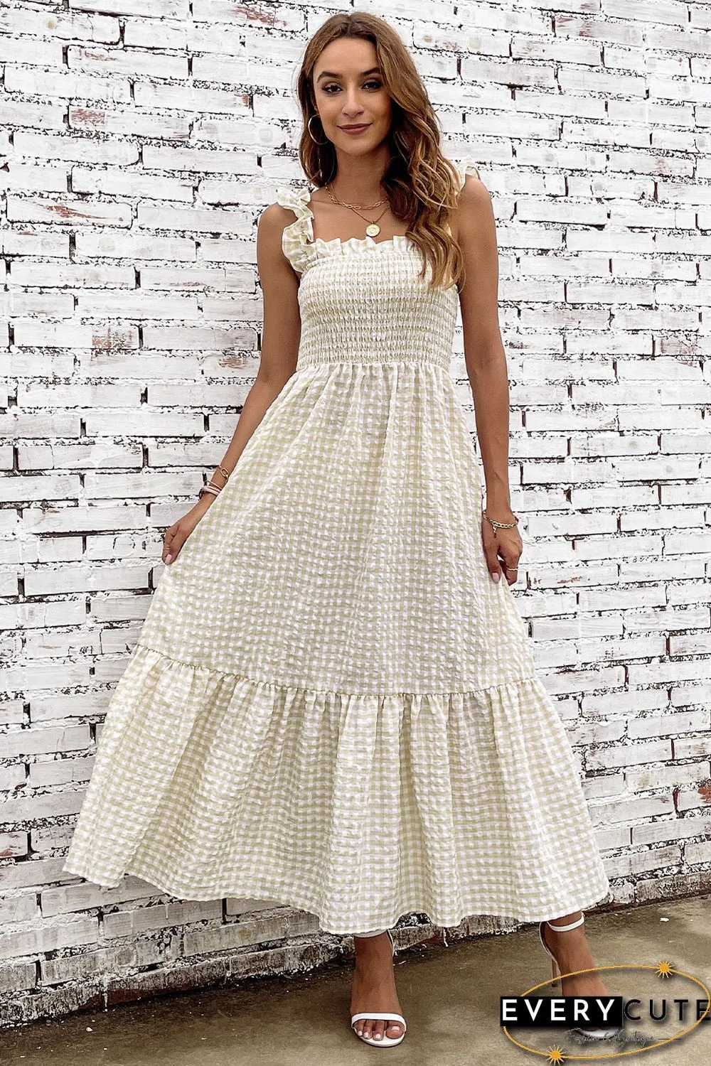 Khaki Plaid Ruffled Sleeve Smocked Maxi Dress