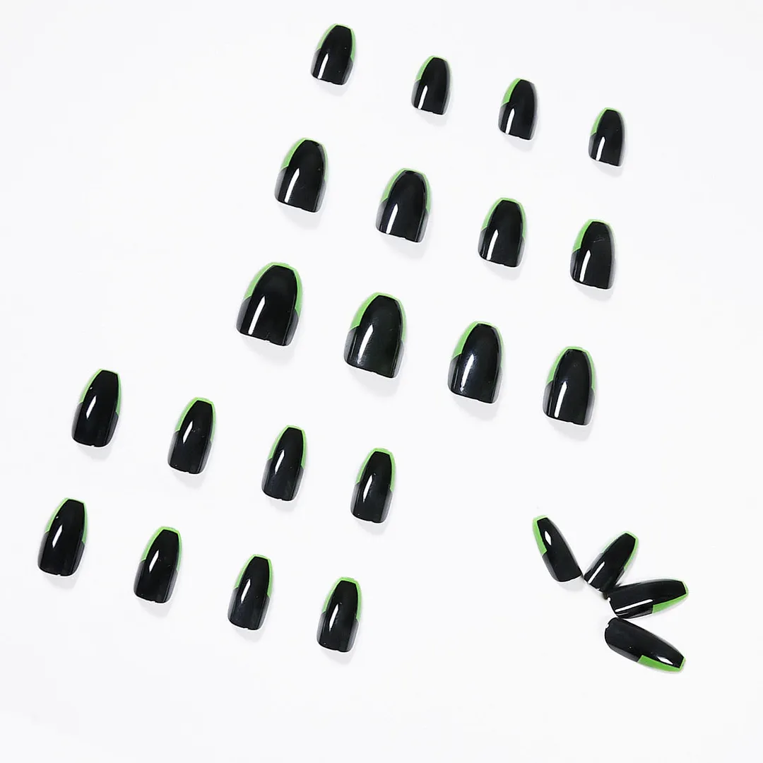 24pcs/Set French Black And Green Fake Nails Full Cover Fake Nails Glue DIY Manicure Nail Art Tools-Nail Inspo