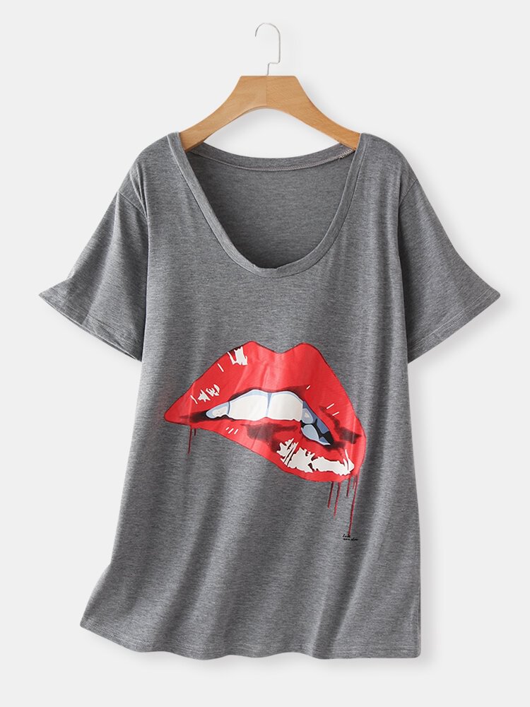 Red Lips Printed Short Sleeve V neck Casual T shirt For Women P1665771