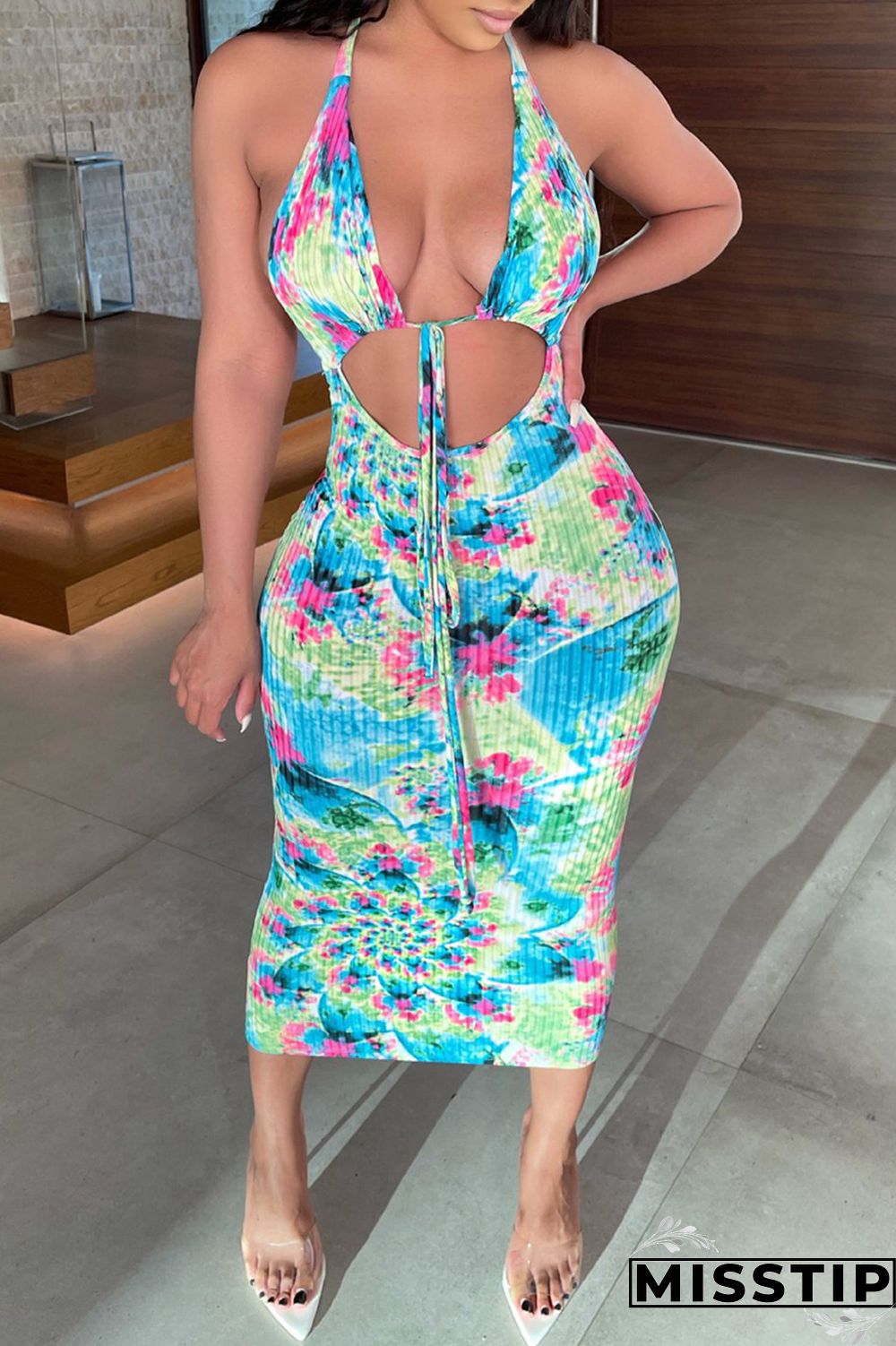 Green Fashion Sexy Print Tie Dye Hollowed Out Backless Halter Sleeveless Dress