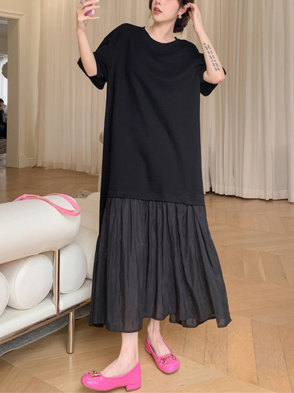 Asymmetrical Pleated Patchwork Short Sleeve Maxi Dress