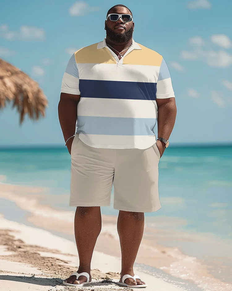 Men's Plus Size Hawaiian Simple Colorblock Print Polo Shorts Suit