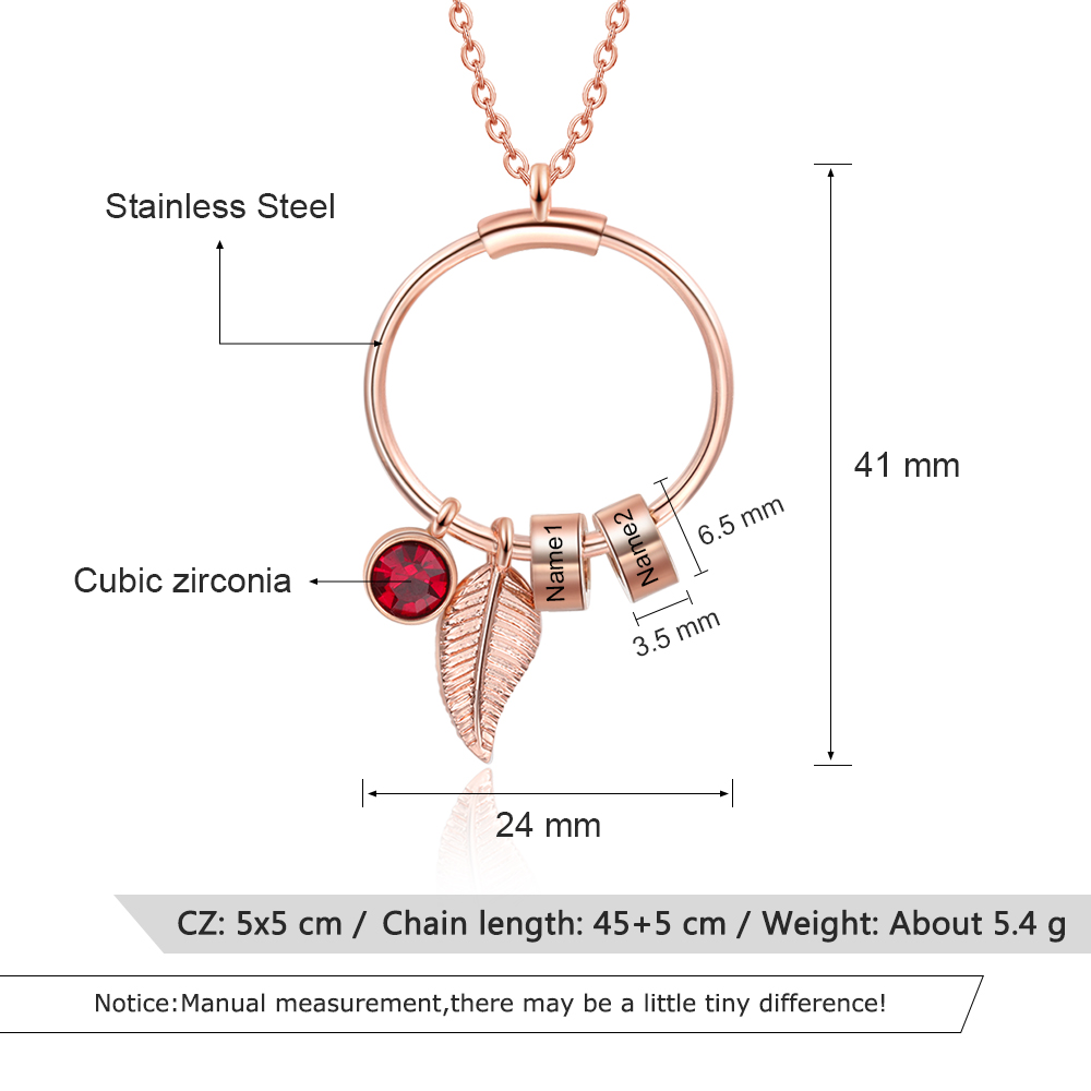 Collana con ciondolo foglia e cerchio 2 nomi e 2 pietre di nascita personalizzati regalo per donna