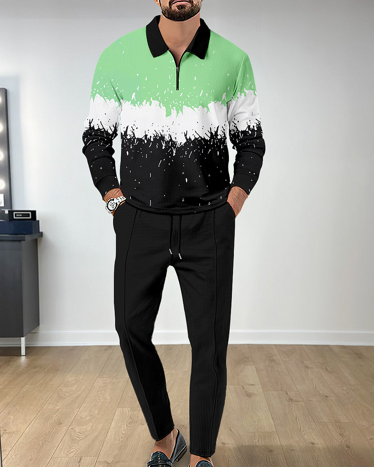 Men's Casual Colorblock Personalized Long Sleeve Polo Shirt Set 131