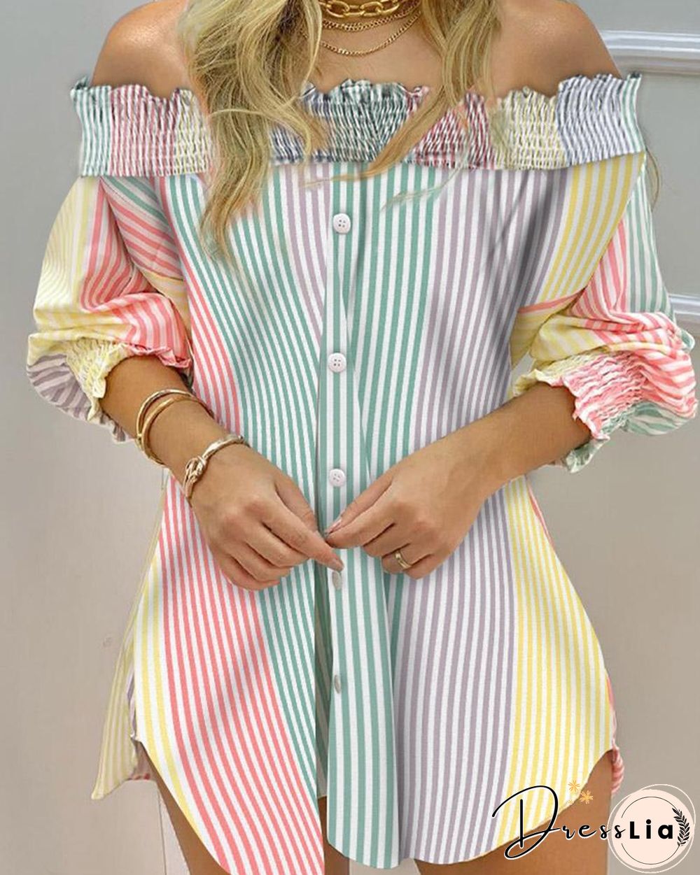 Off Shoulder Color Striped Button Front Smoking Blouse Dress P13581