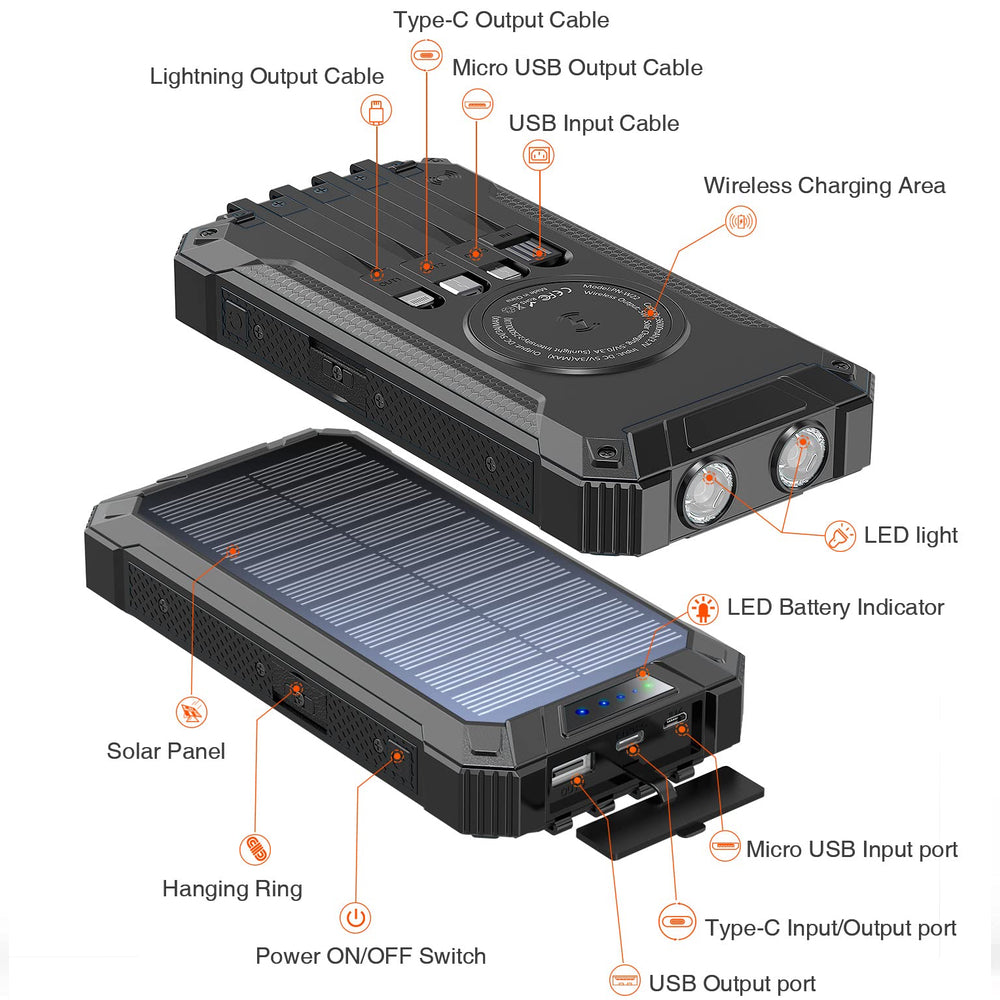 4 Solar Panel Power Bank Pro 20,000mAh with 4 Built in Cables Qi Wirel -  Stealth Angel Survival