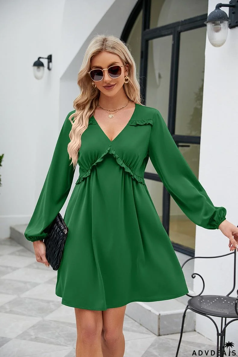 Frill Trim V-Neck Long Sleeve Dress