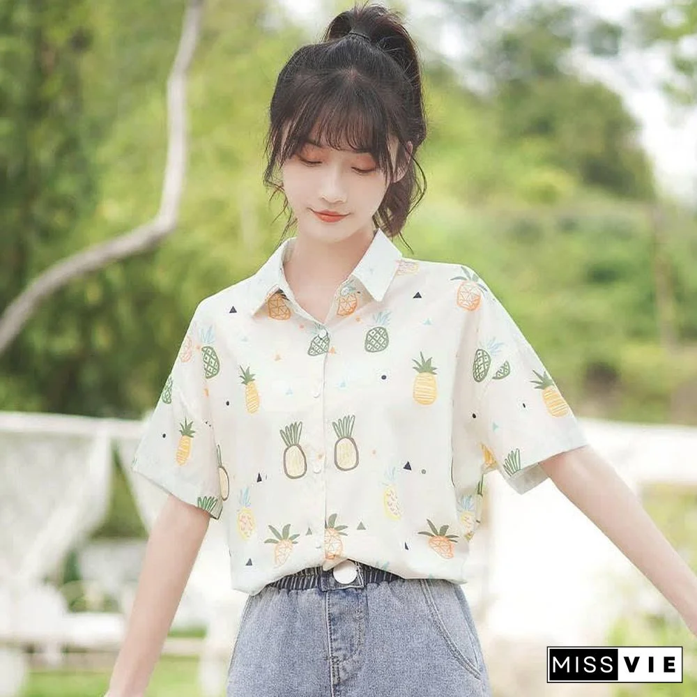 Vintage Pineapple Print Short Sleeve Casual Polo Shirt