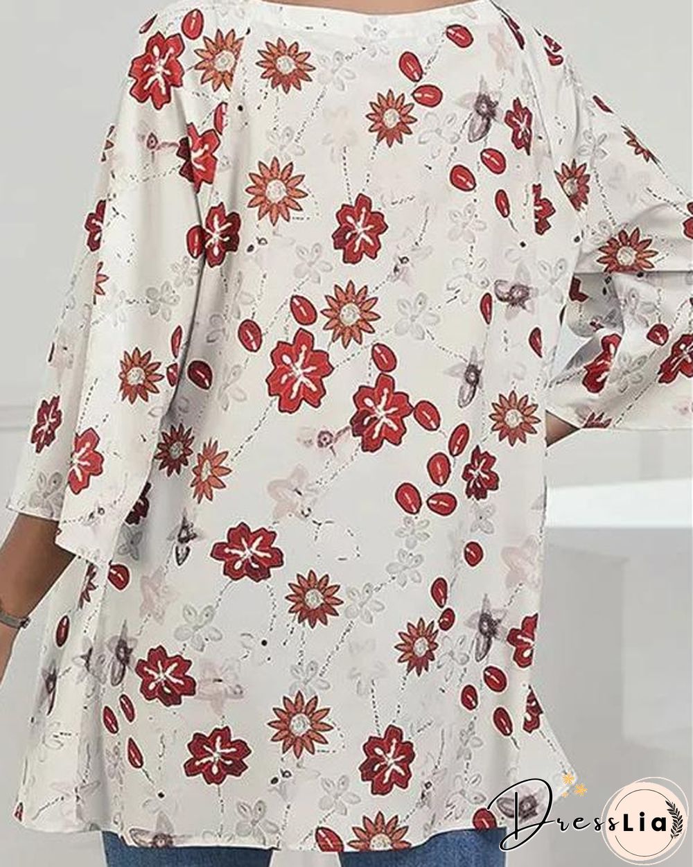Casual V Neck 3/4 Sleeve Loose Fit Floral Blouses