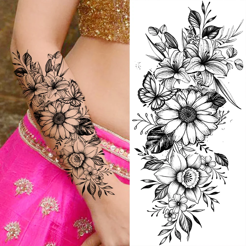 Sdrawing Sunflower Butterfly Temporary Tattoos For Women Adult Rose Flower Moon Fake Tattoo Arm Body Art Decoration Tatoo Paper