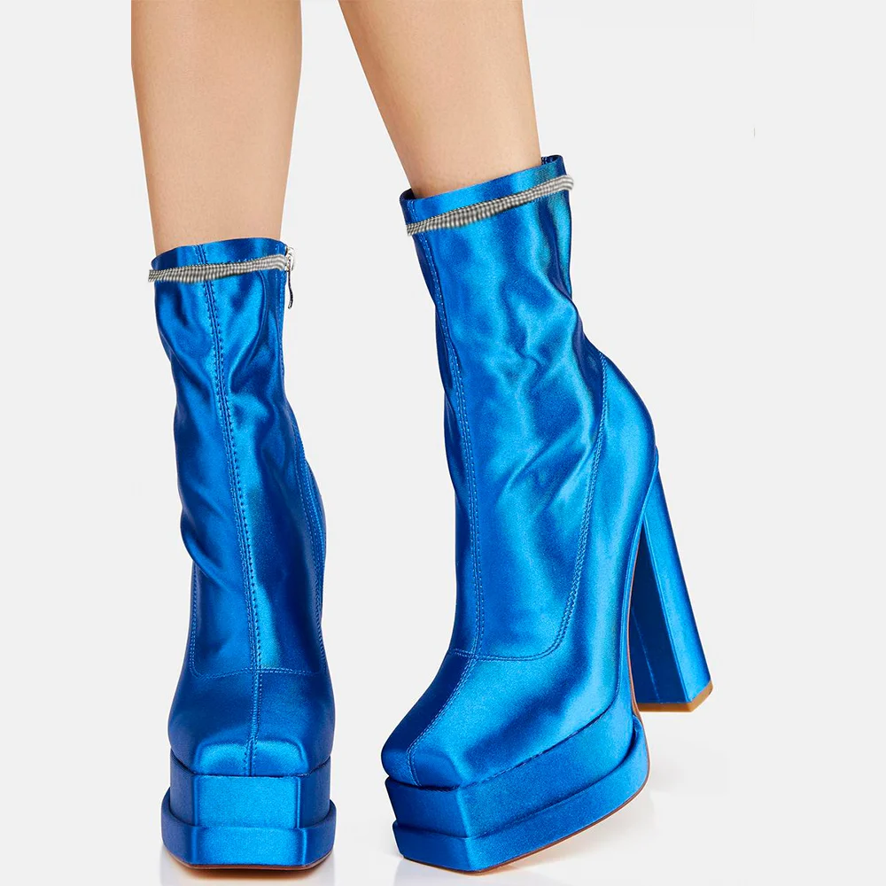 Blue Square Toe Platform Boots Party Ankle Boots