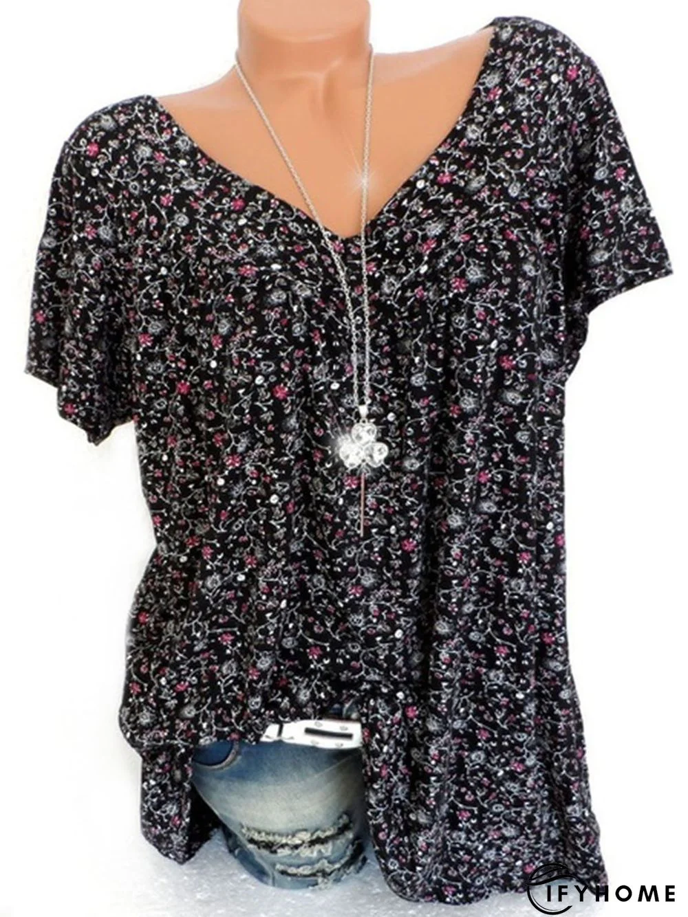 Casual V Neck Floral Short Sleeve Top | IFYHOME