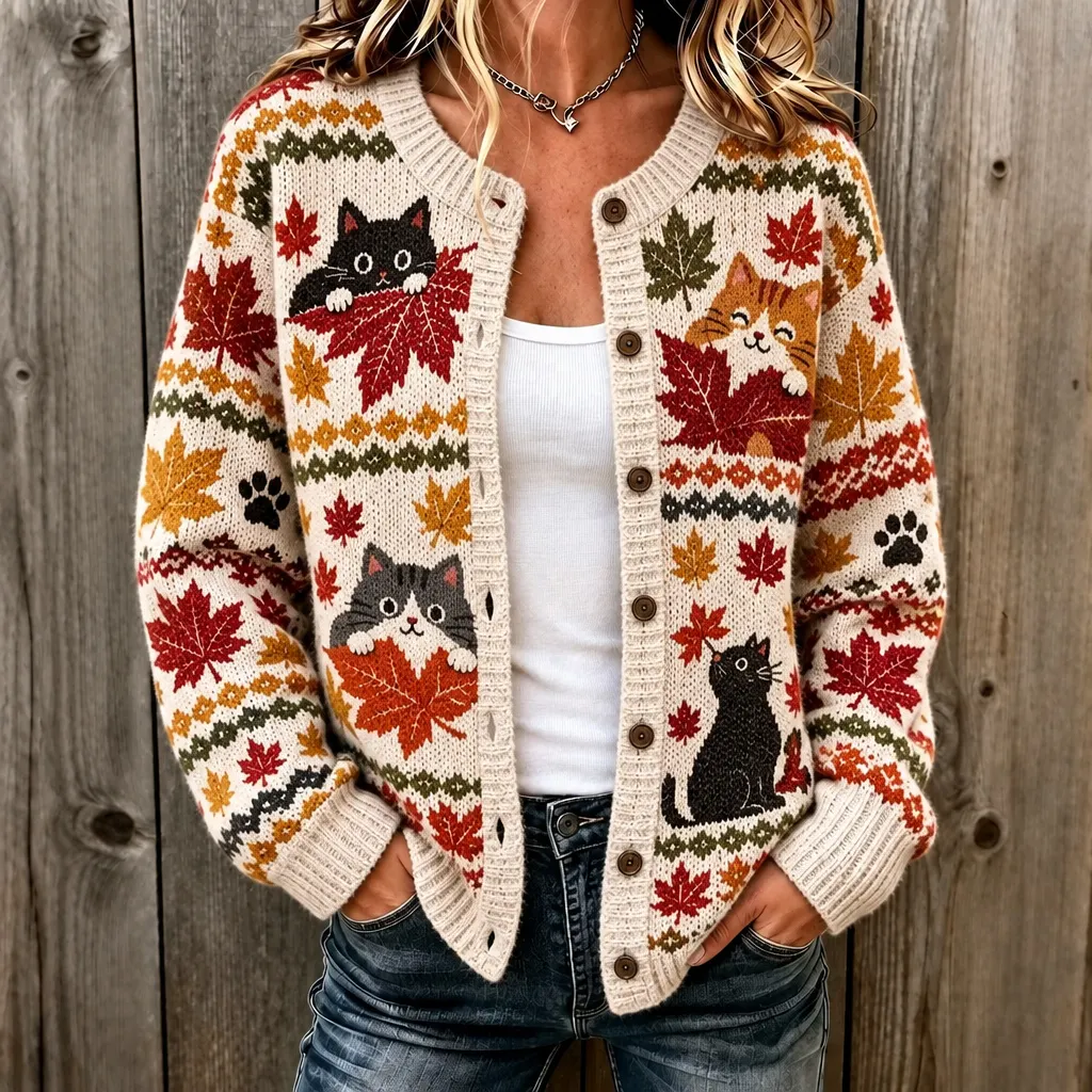 Comstylish Women's Maple Leaf Black Cat Paw Print Crew Neck Cardigan