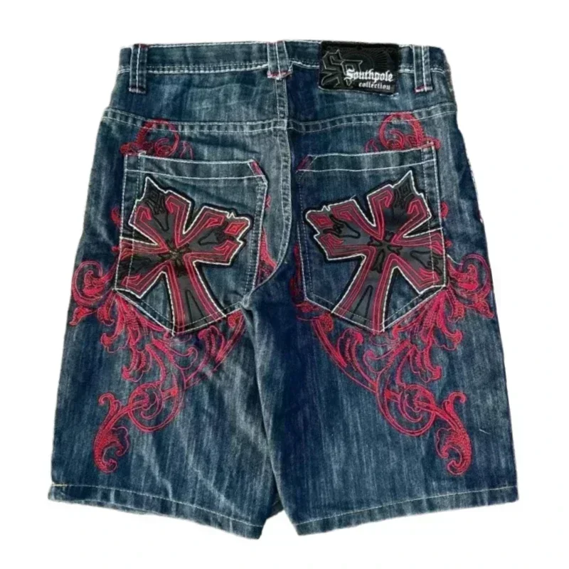 Multiplewell American Y2K New Fashion Trend Letters Embroidered Denim Shorts Men Street Hip Hop Retro Loose Jeans Couple Casual Denim Shorts