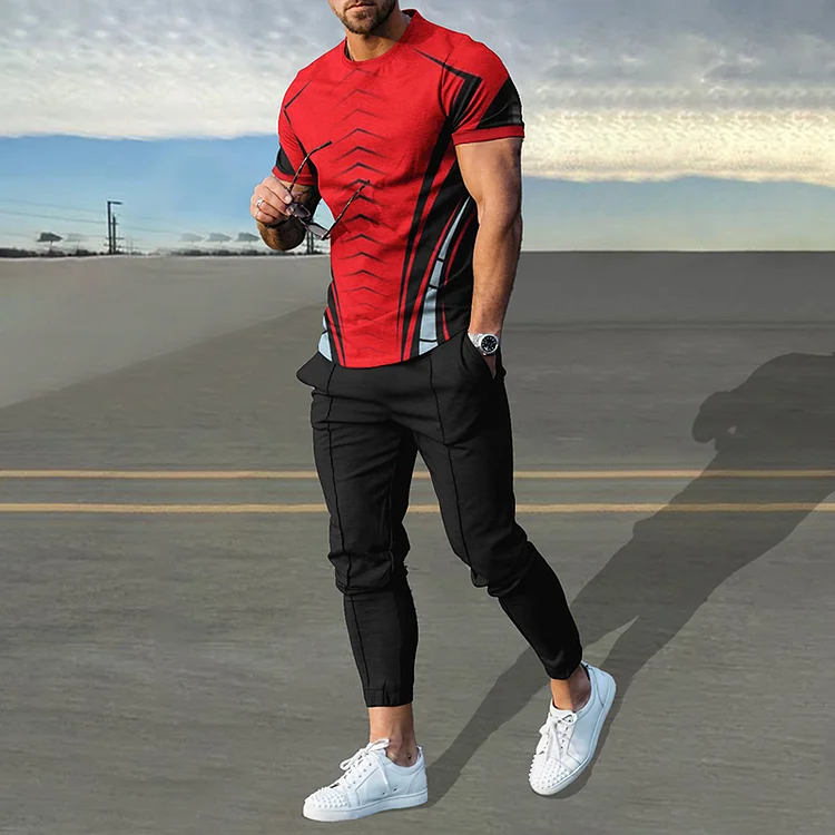 BrosWear Red Geometric Functional Print T-Shirt And Pants Co-Ord