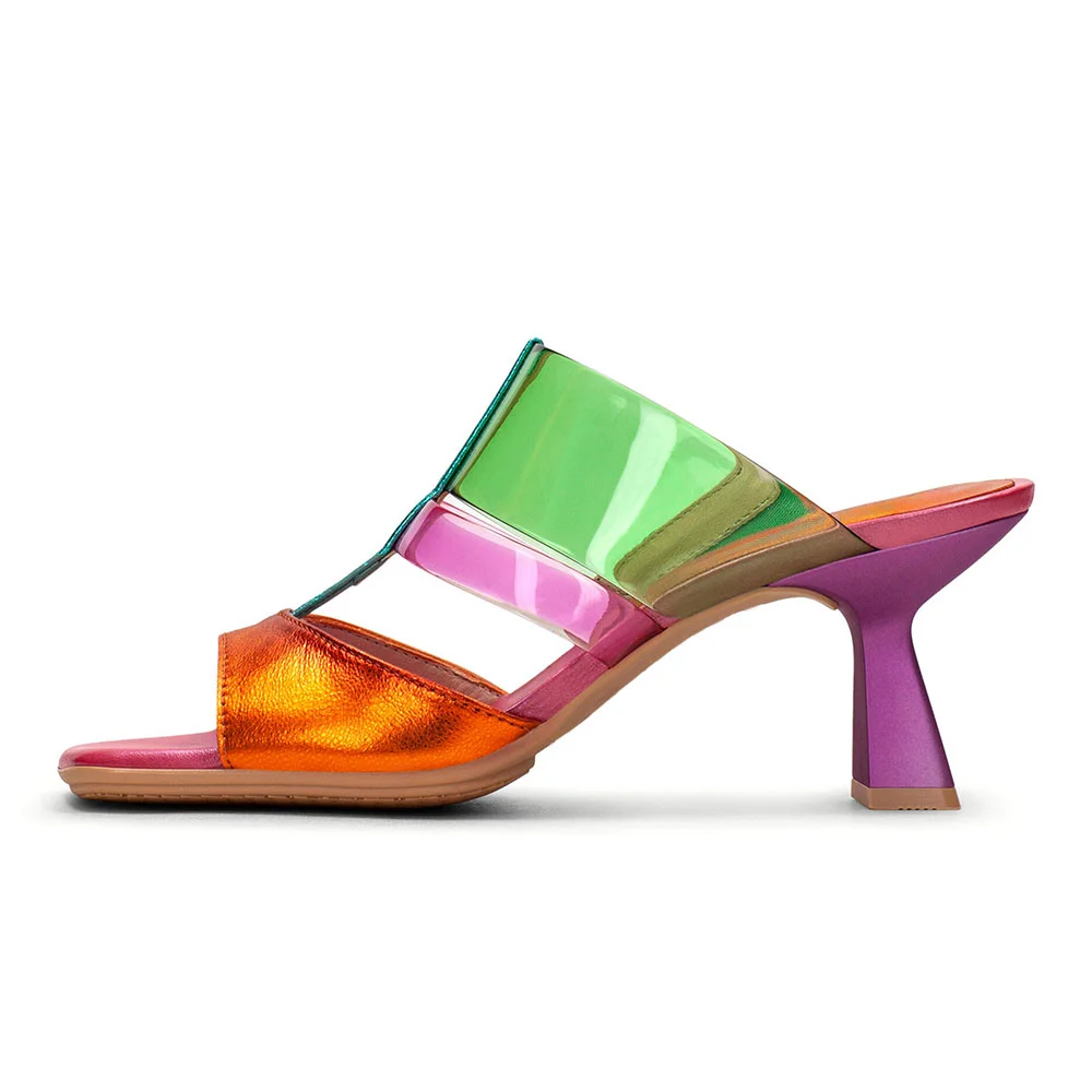 Multicolor Patchwork Open Square Toe Flared Heel Mules Sandals