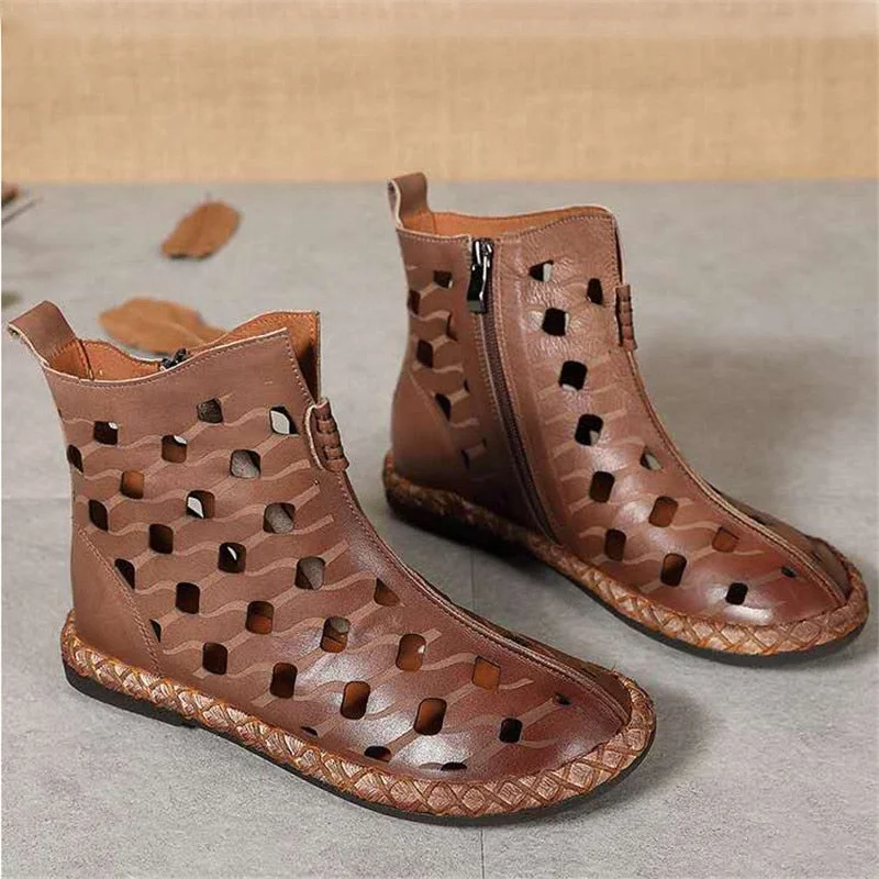 Handmade Cowhide Women Sandals Gladiator Hollow Flat Heel Summer Shoes Woman Genuine Leather Flat Sandals Plus Size 35-43