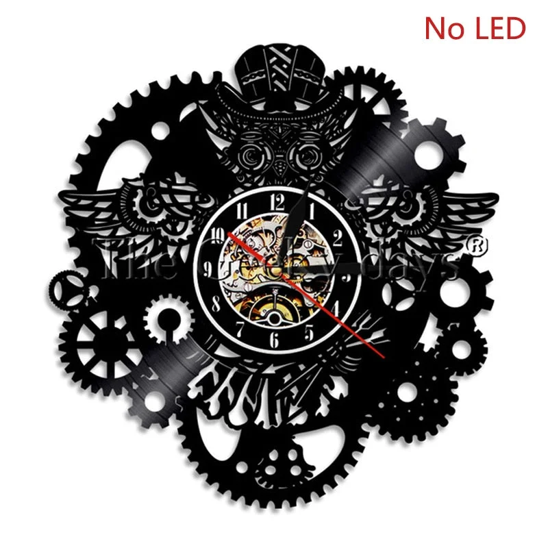 Vinyl Record Wall Clock Modern Design 3D Decorative Steampunk Clock with 7 Different Color LED Change Gear Wall Watch Home Decor