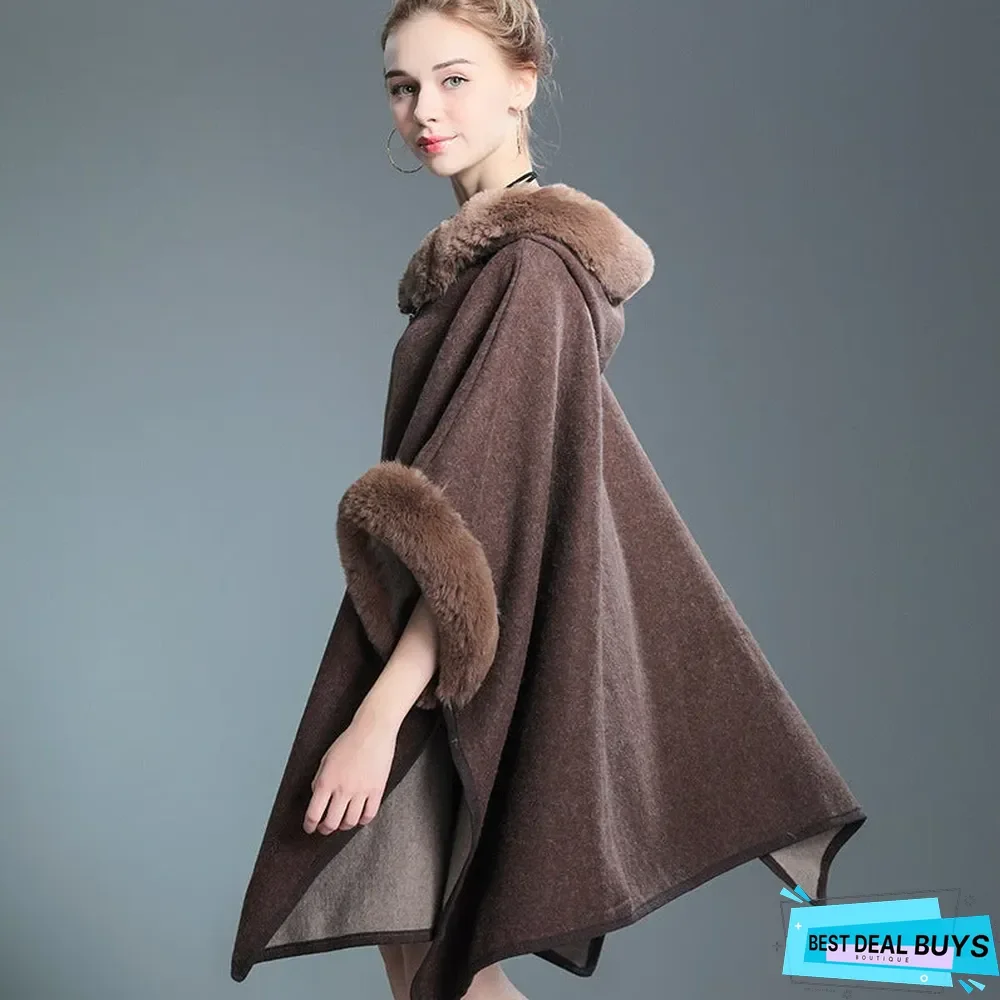 Autumn and Winter Fur Collar Hooded Shawl Cloak Large Size Woolen Coat Loose Cardigan Women