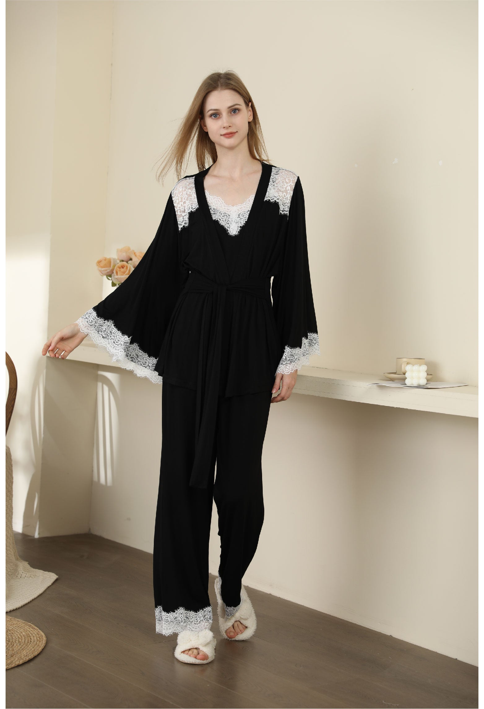 Lovingerie - Sexy Modal Lace Backless Pajama Robe Camisole Set