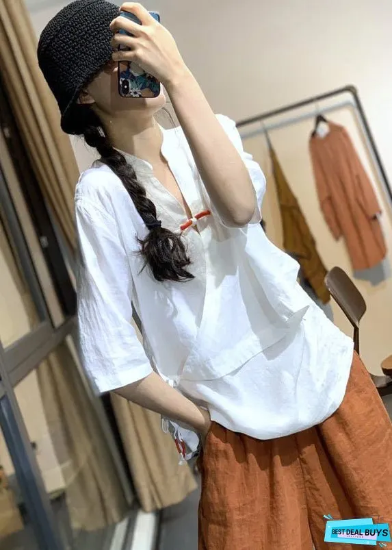 White Patchwork Cotton Blouses Chinese Button Spring
