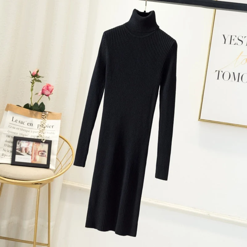 Women Office Lady Slim Pit Knitted Sweater Dress Long Sleeve Turtleneck Solid High Street Casual Dress 2021 Winter Fashion Dress