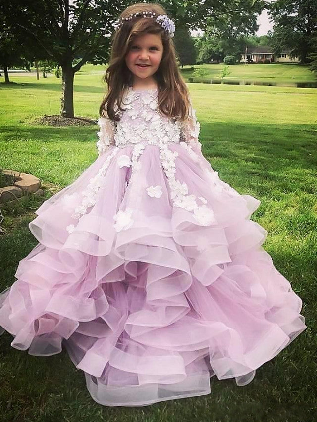 Oknass Ball Gown Long Sleeve Jewel Neck Flower Girl Dresses Polyester With Tier Appliques Solid