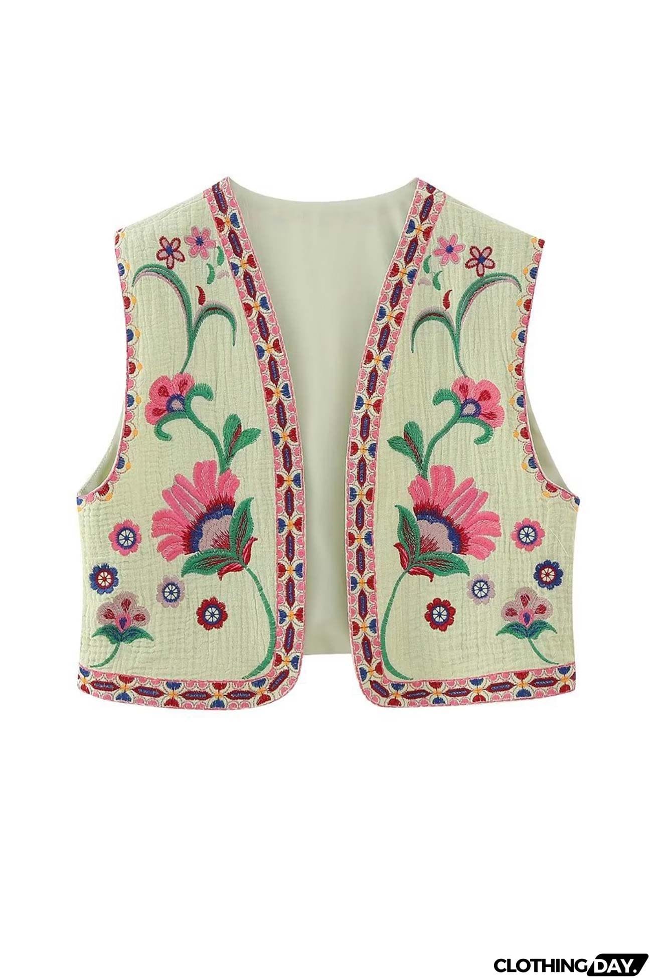 Vintage Floral Embroidery Open Front Vest