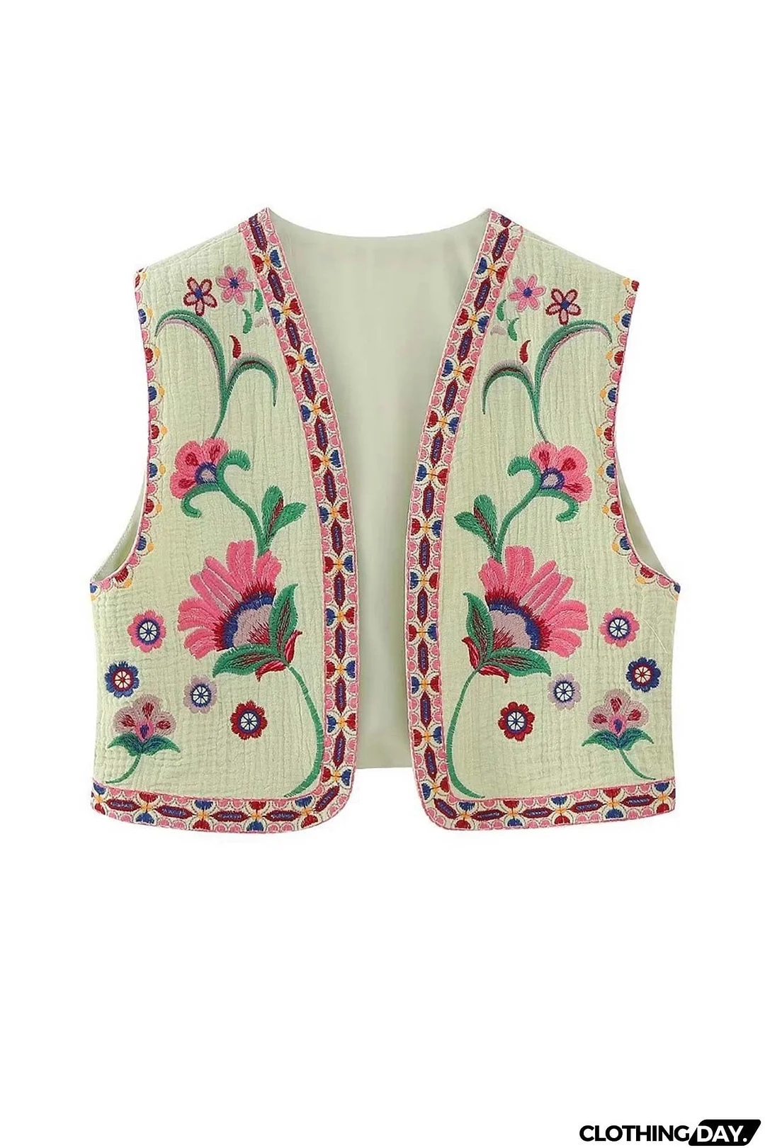 Vintage Floral Embroidery Open Front Vest