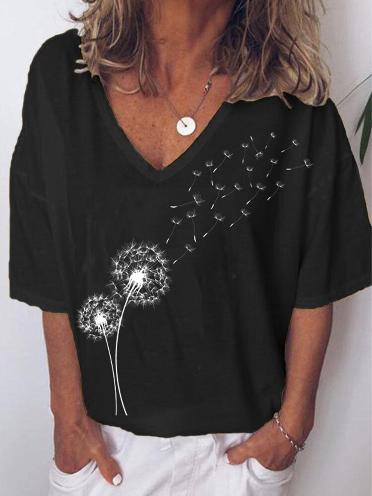 Short Sleeve V neck Flower Print Short Sleeve T shirt For Women P1695726