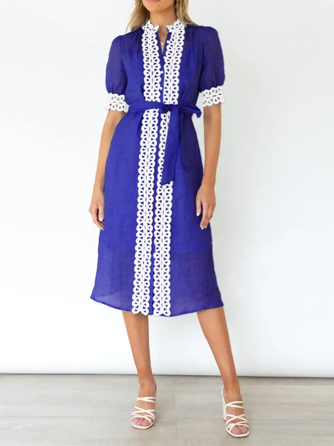 Women's Short Sleeve Scoop Neck Lace Stitching Midi Dress