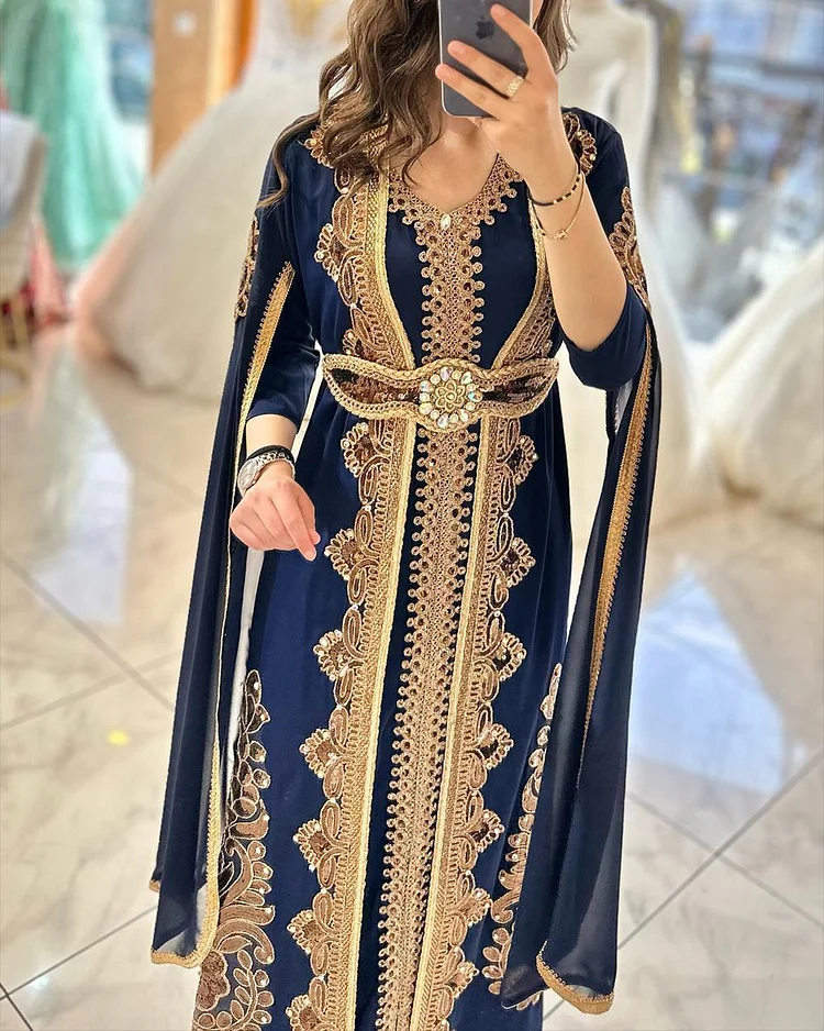 Women's V-neck Shawl Long Sleeve Embroidered Dress