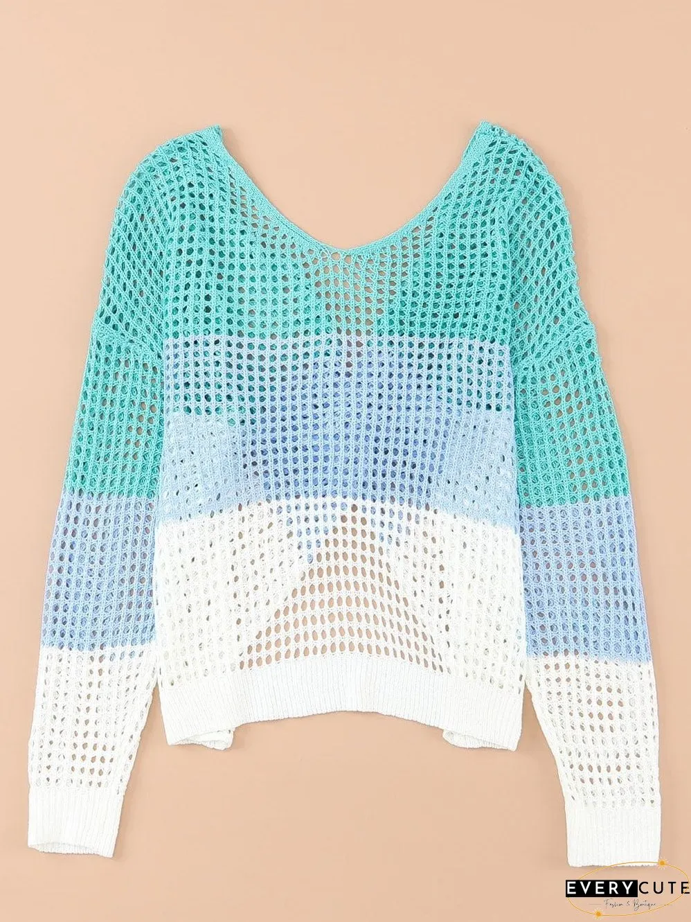Colorful Eyelet Twist Back Knit Top with Long Sleeves