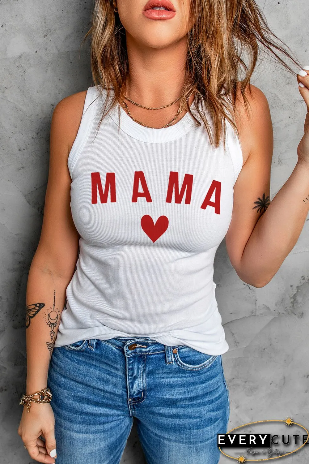 White MAMA Heart Graphic Rib Knit Tank Top