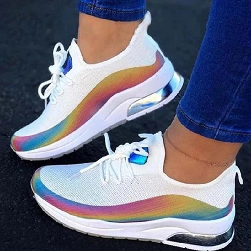 Women Walking Shoes Hot New Leather Breathable Knit Ladies Mix Colors Sneakers Soft Platform Lace Up Trainers Tenis Feminino