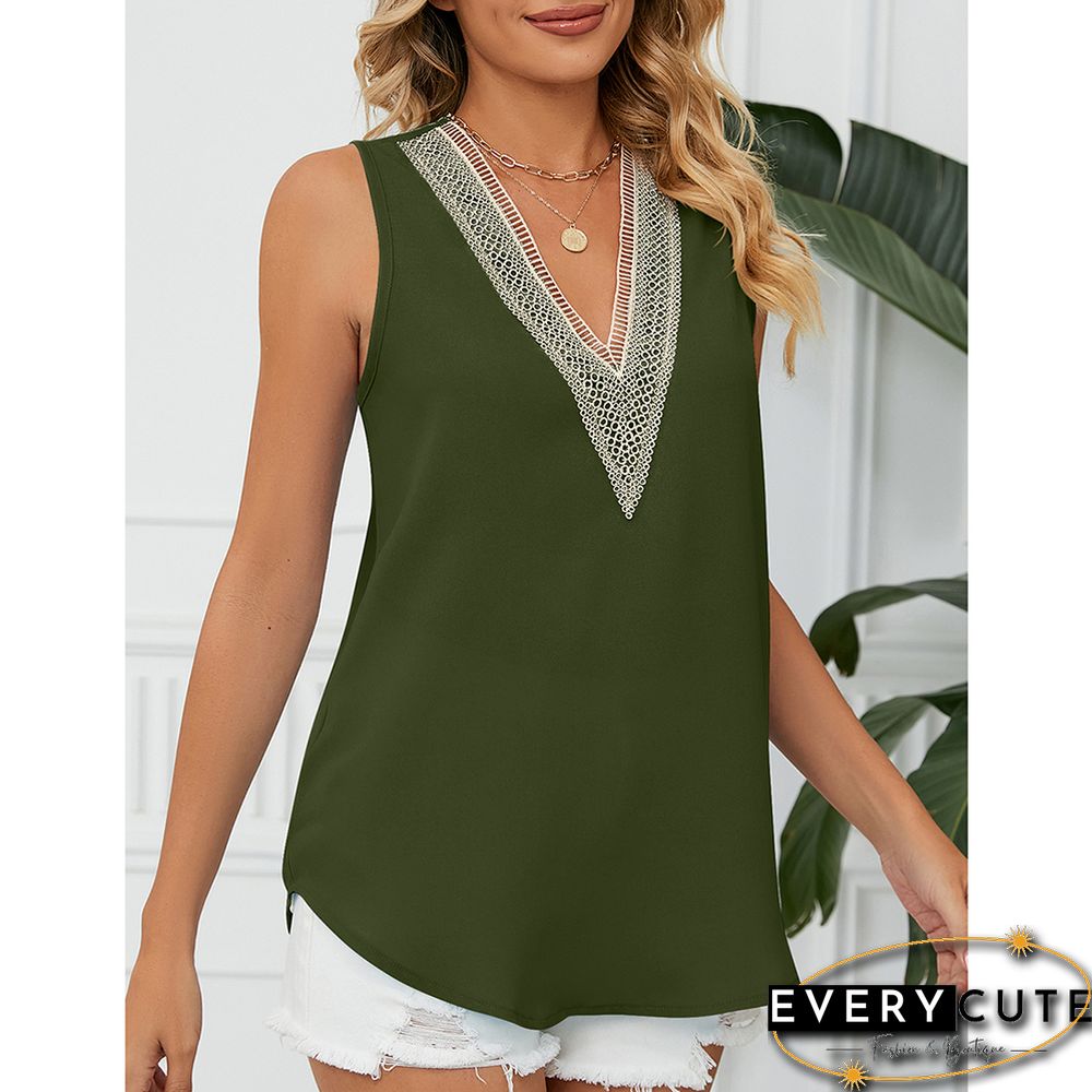 Army Green Lace Trim Sleeveless V Neck Tank Top