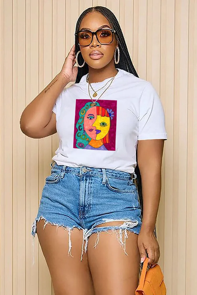 LORAGAL Abstract Portrait Print Short Sleeve Casual T-Shirt-White
