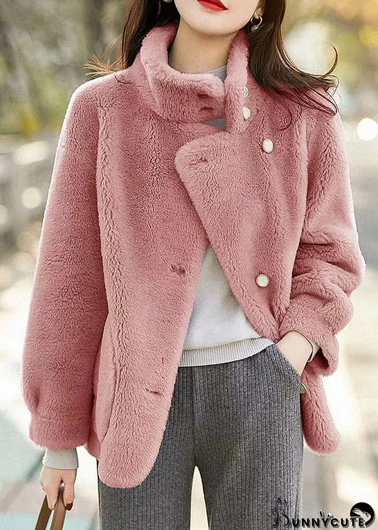 Simple Pink Stand Collar Pockets Patchwork Woolen Jackets Winter