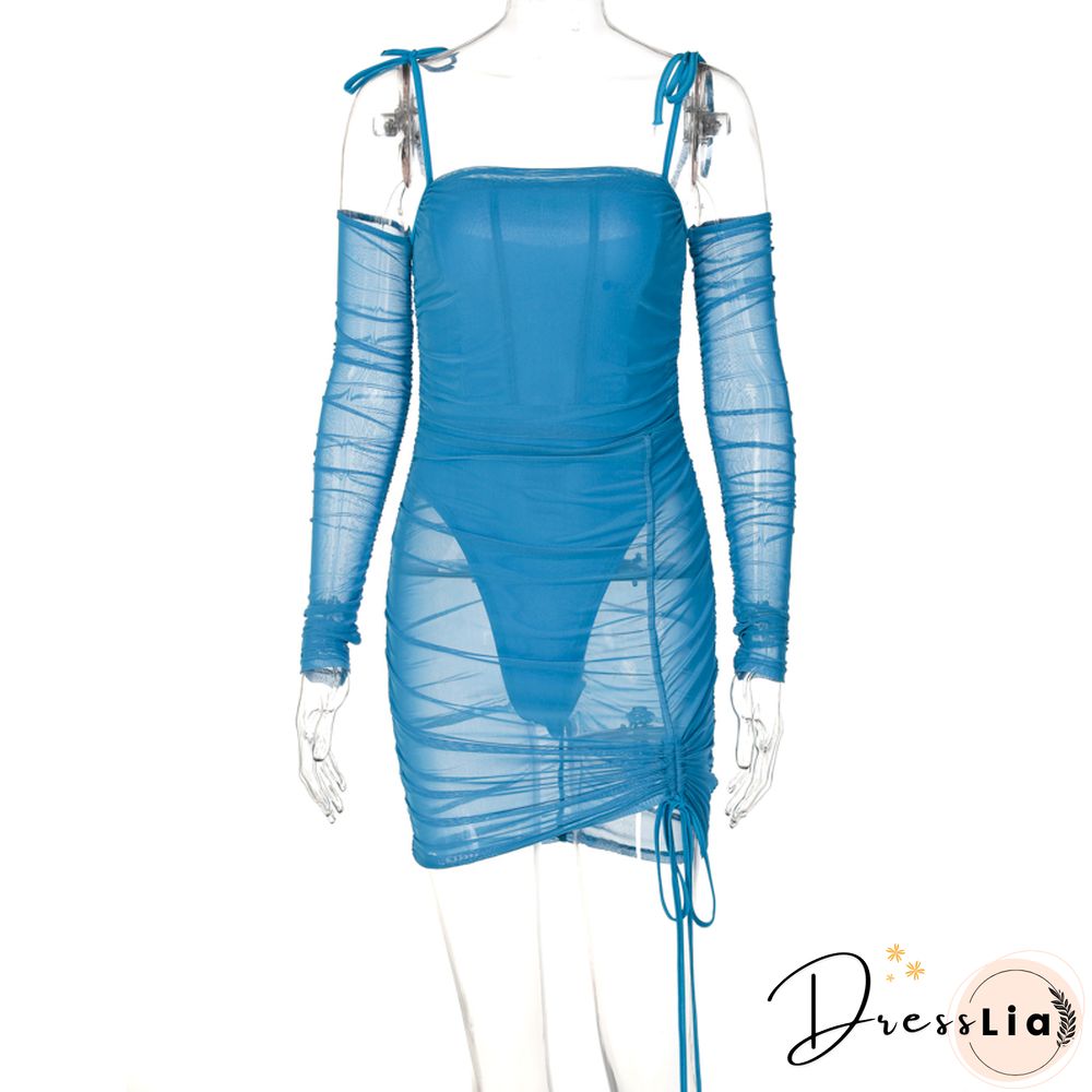 Solid Mesh Halter Long Sleeve Pleated Sexy Mini Dress Summer Fall Bodycon Party Club