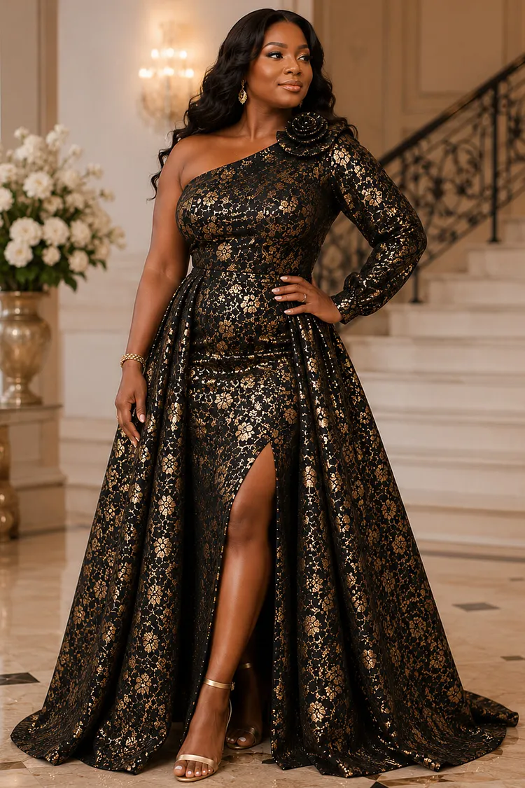 Xpluswear Design Plus Size Formal Gold Foil Print One Shoulder Long Sleeve Split With&nbsp;Skirt&nbsp;Overlay&nbsp;Satin Maxi Dresses [Pre-Order] 2024 - Xpluswear