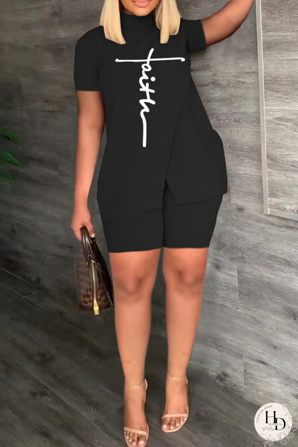 Khaki Casual Print Slit Turtleneck Short Sleeve Two Pieces