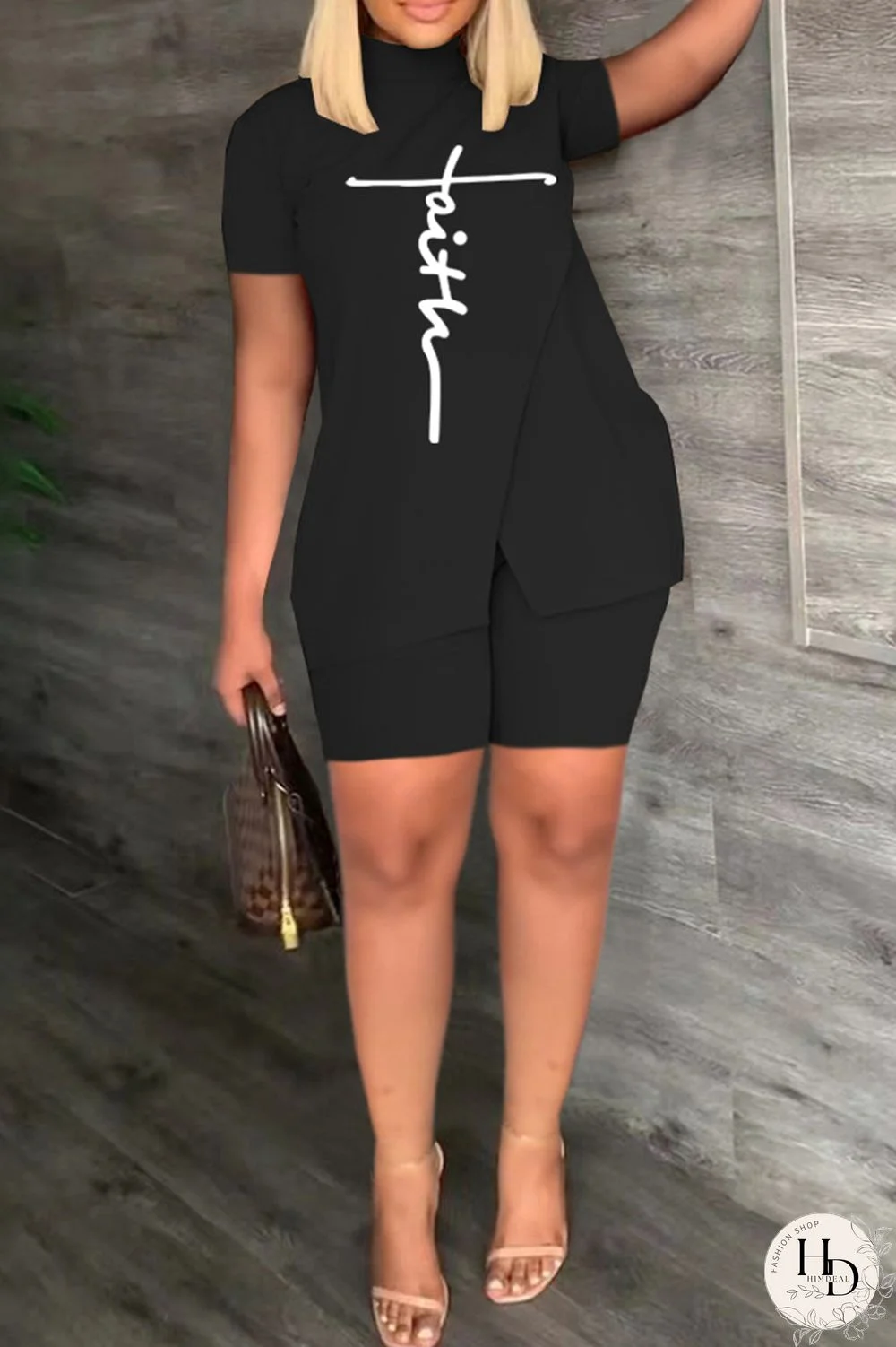 Khaki Casual Print Slit Turtleneck Short Sleeve Two Pieces