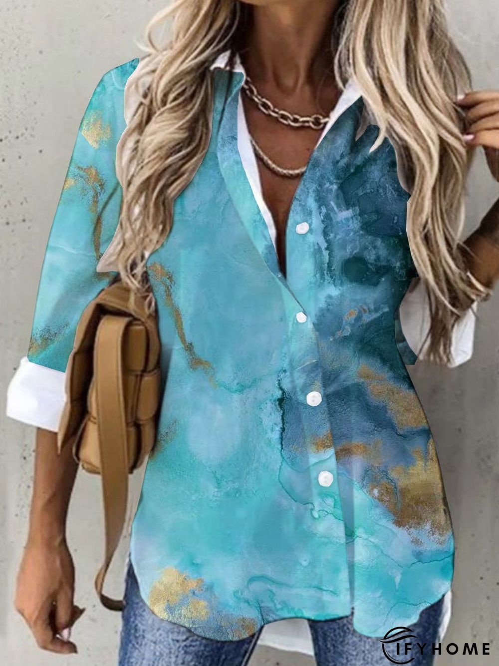 Casual Sea Long Sleeve Shirt Collar Printed Top Tunic Blouse | IFYHOME